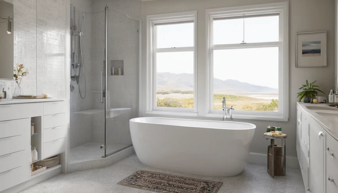 Smiling older homeowner standing beside an open walk-in tub in a bright bathroom in the New York area